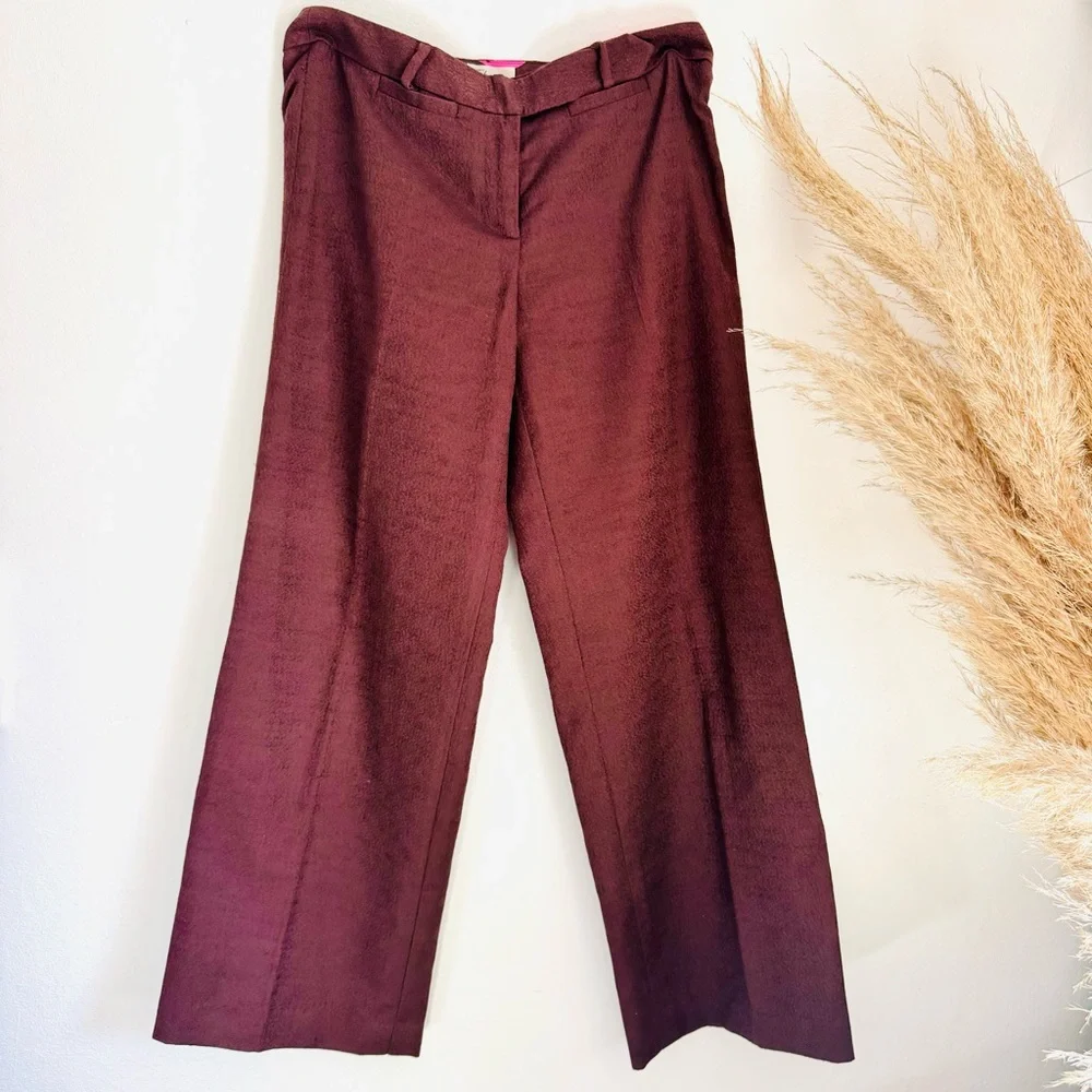 MILLY NEW YORK Mahogany Brown Mid Rise Wide Leg Textured Cotton Trousers Pants 4 - Picture 2 of 12